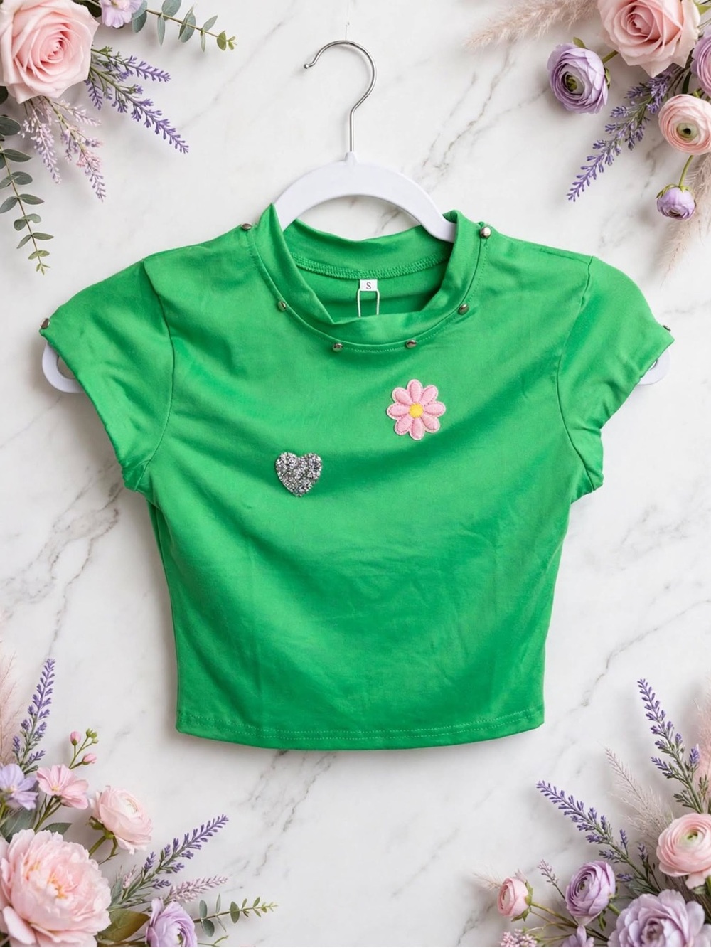 Girls Bright Green Short Sleeve Tee with Flower & Heart Accents